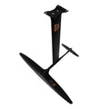 Black carbon fibre hydrofoil surfboard with aluminium racing wing