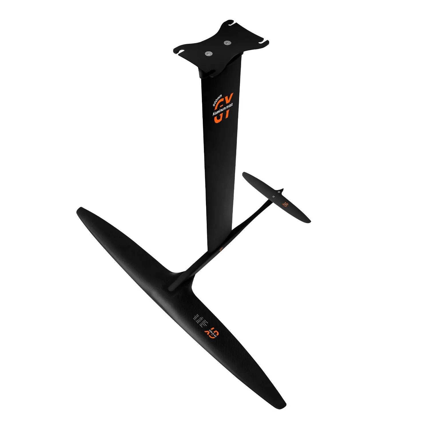 Black carbon fibre hydrofoil surfboard with aluminium racing wing