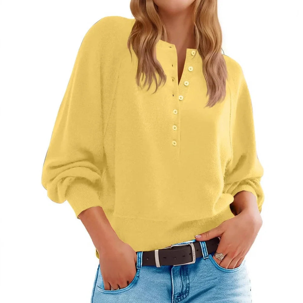 Women's knitted V-neck sweater with loose lantern sleeves in Army Green colour