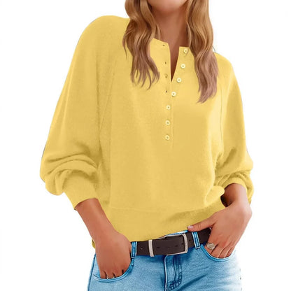 Women's knitted V-neck sweater with loose lantern sleeves in Army Green colour