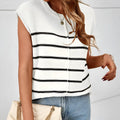 Women's striped sleeveless pullover vest with bone stitching detail in acrylic knit.