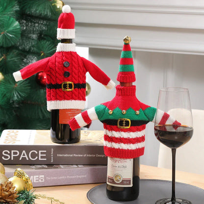 Knit wine bottle covers in red and green stripes and red belt designs for Christmas and winter holidays