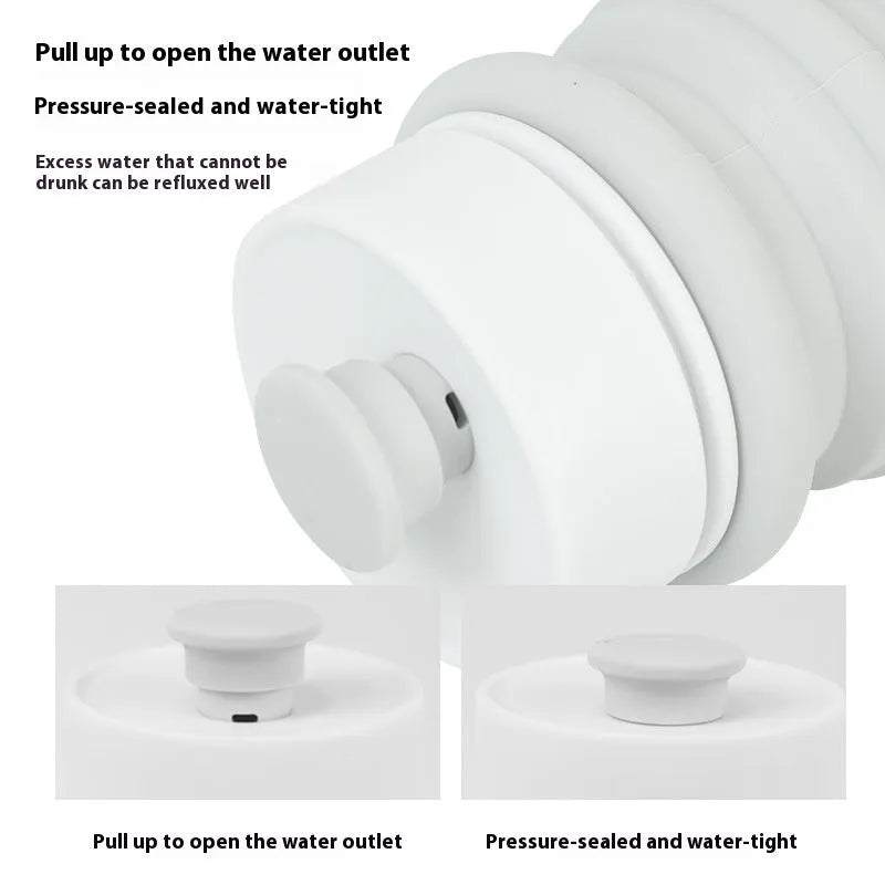 Silicone folding pet drinking cup shown collapsed and open, for dog travel.