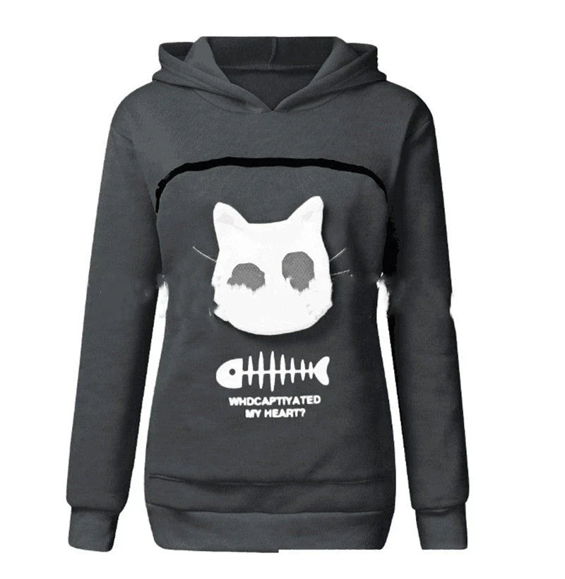 Women's cotton hoodie with unique cat pet pocket design in various colours