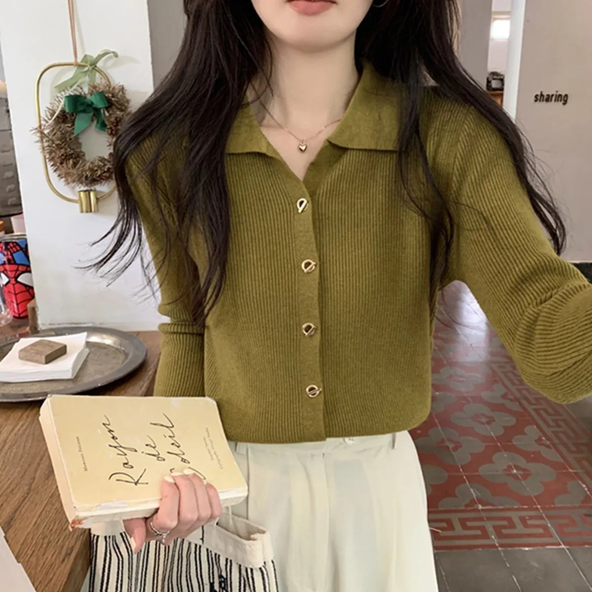 Long-sleeved loose viscose knit cardigan top in beige, black, green, khaki, or oatmeal colour.