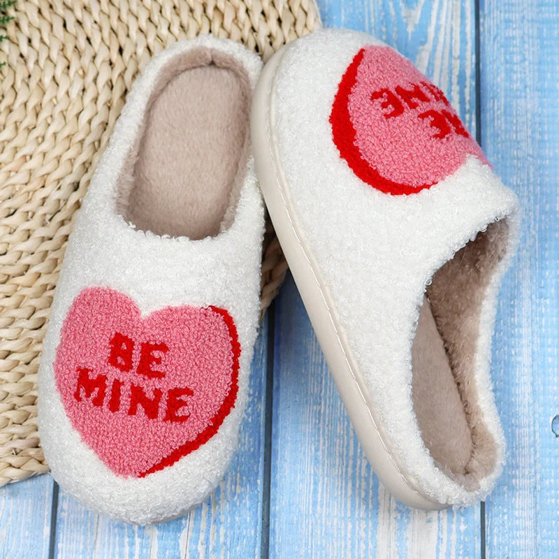 Valentine's Day Love Heart Cotton Slippers in white with non-slip sole