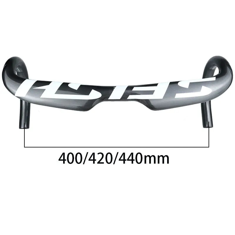 Carbon fibre road bike drop handlebar showing 31.8mm clamp, available in 380mm, 400mm, 420mm, and 440mm widths.