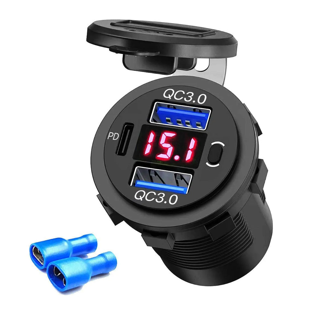 Modified Dual QC Car Phone Charger PD30 with Digital Display in blue with wire