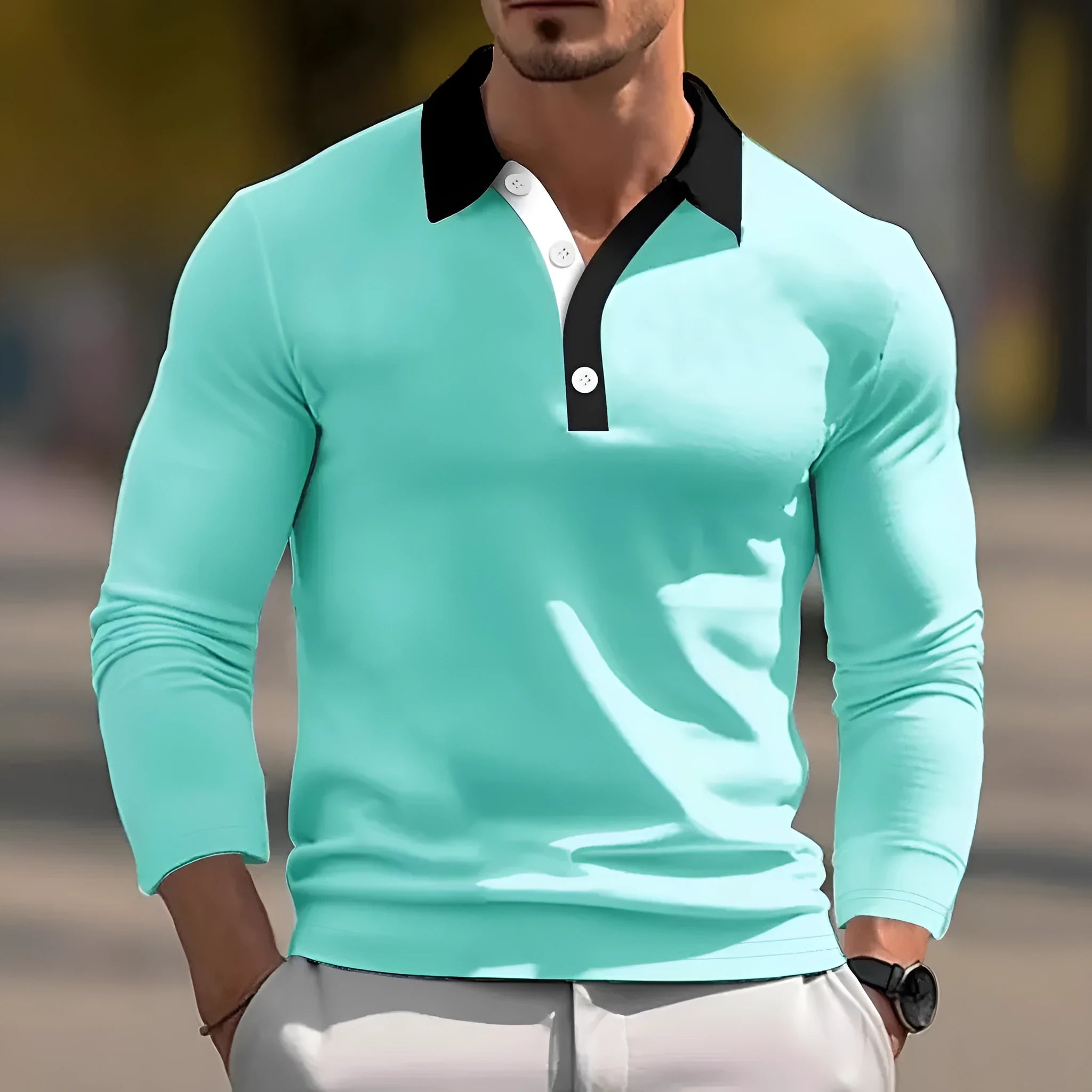 Men's loose retro button long sleeve pullover top on a hanger.