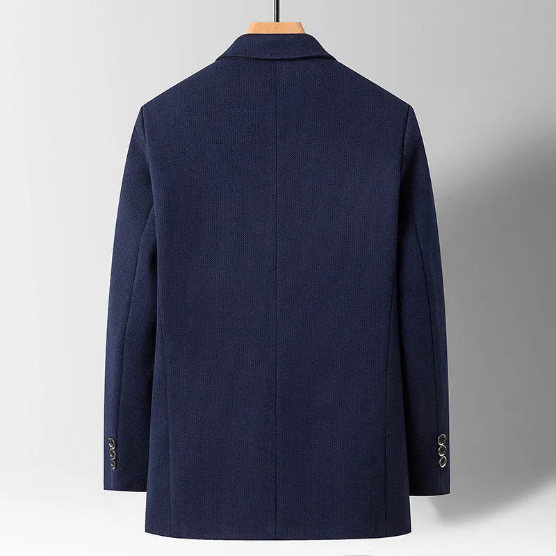 Spring men's tailored collar suit in blue, polyester non-ironing fabric, long sleeves, light business style