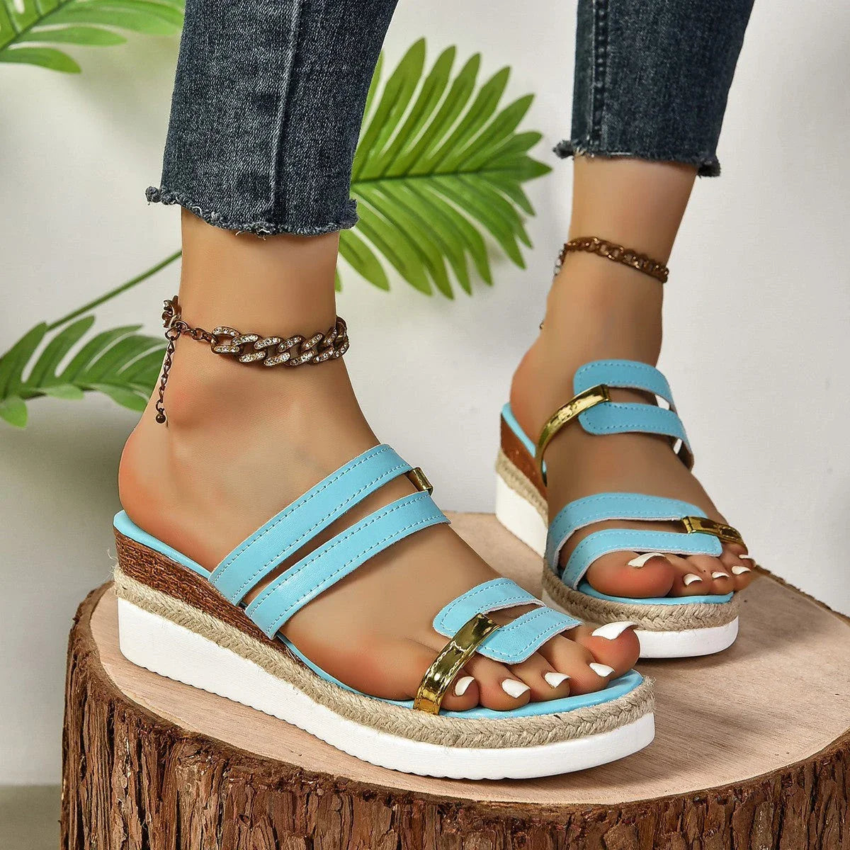 Stylish colorblock wedge sandals with adjustable straps, cushioned insole, and durable non-slip sole for comfortable summer fashion