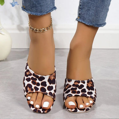 Leopard print square toe sandals with chunky heel for women in white, red, and camel