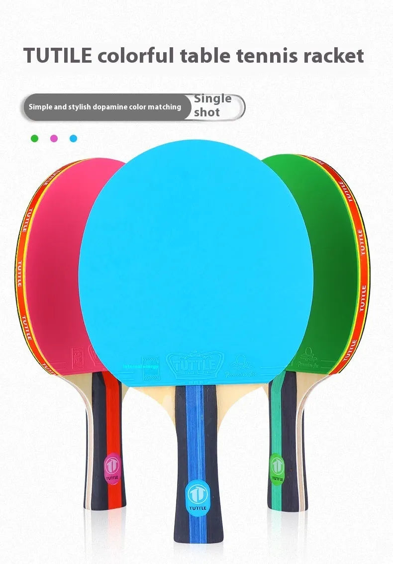 Table tennis racket with a long shakehand grip handle and matching cover, shown in pink, blue, and green colour options.