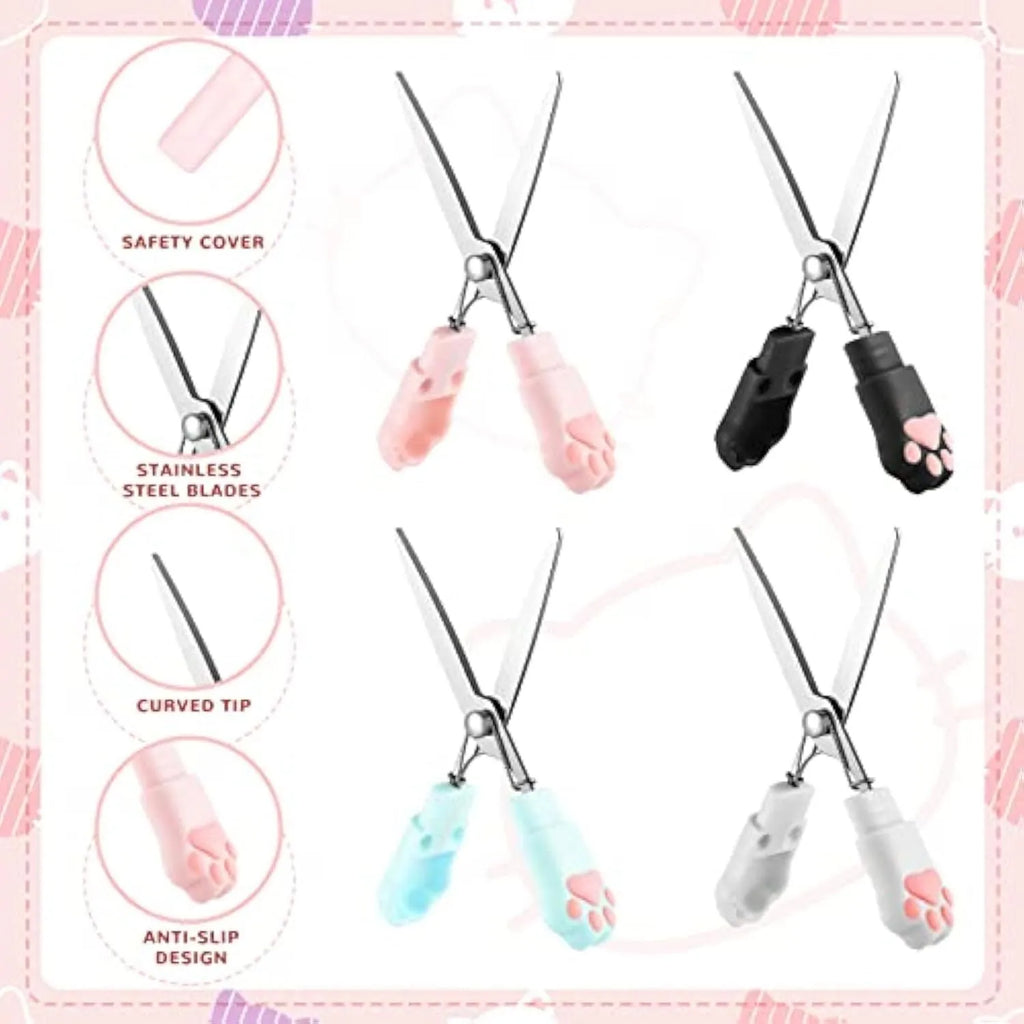 Set of four colourful mini folding scissors with cat paw handles on a white background.
