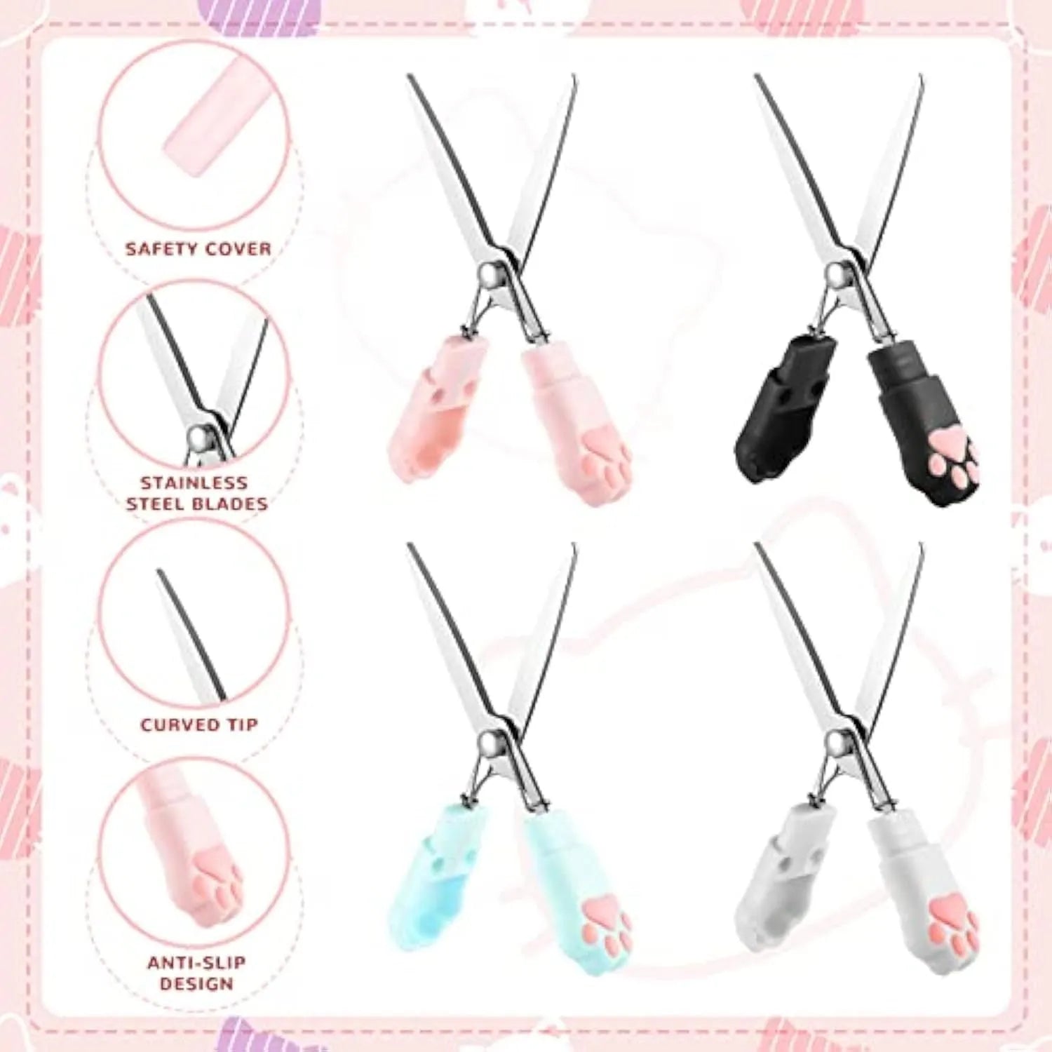 Set of four colourful mini folding scissors with cat paw handles on a white background.