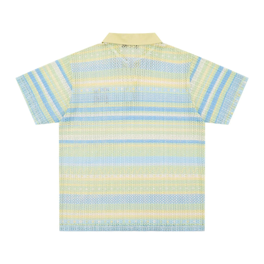 Men's blue printed casual short sleeve shirt with elastic fabric shown front view