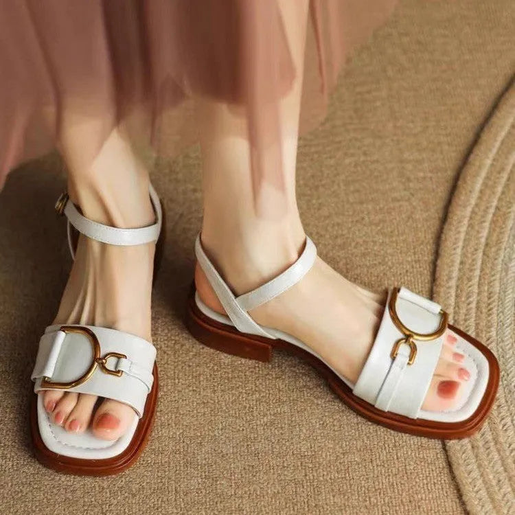 Women's thick-soled leather casual sandals with round toe and buckle fastening in neutral colours