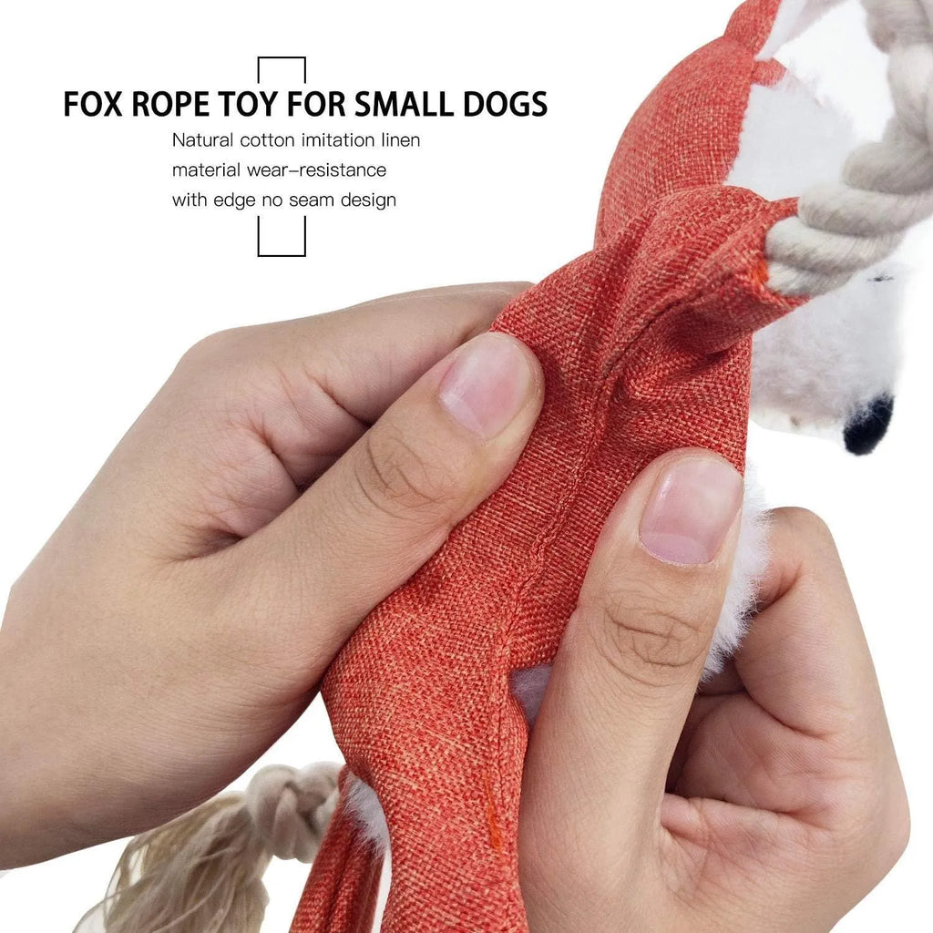 Fox-shaped plush dog toy with rope arms and legs in brown colour