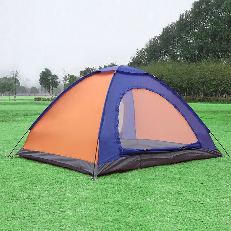 Orange-blue double camping tent with aluminium poles showing mesh windows and waterproof construction details