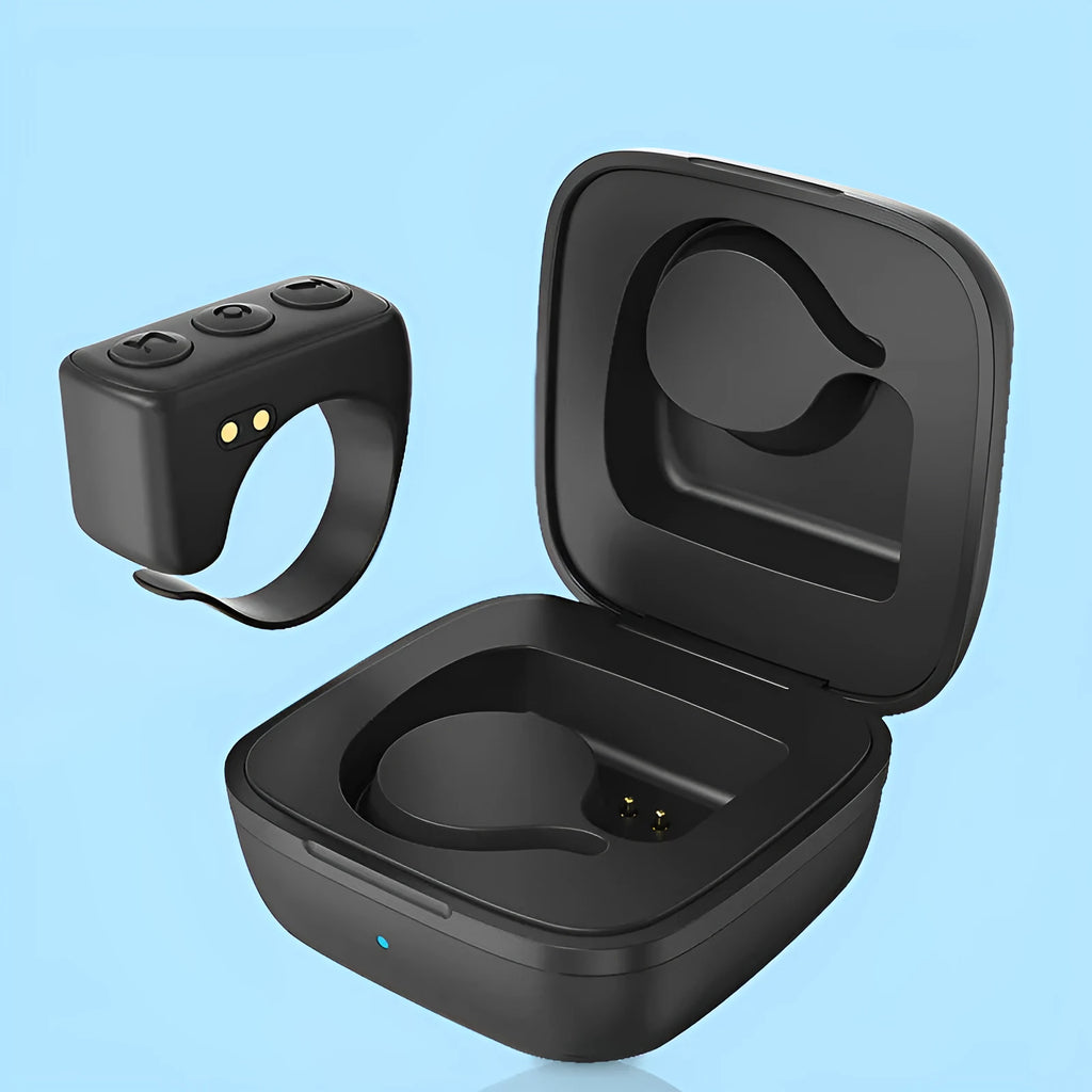 Bluetooth remote control ring for mobile phone in black plastic worn on finger