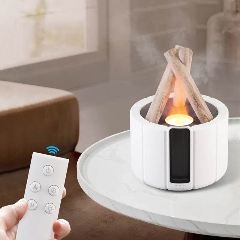 White simulated flame aromatherapy humidifier on desk with mist and soft glow