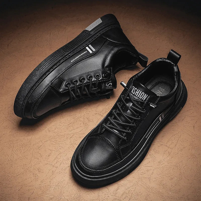 Men's low-top black and white skateboard shoes with elastic band closure and rubber sole