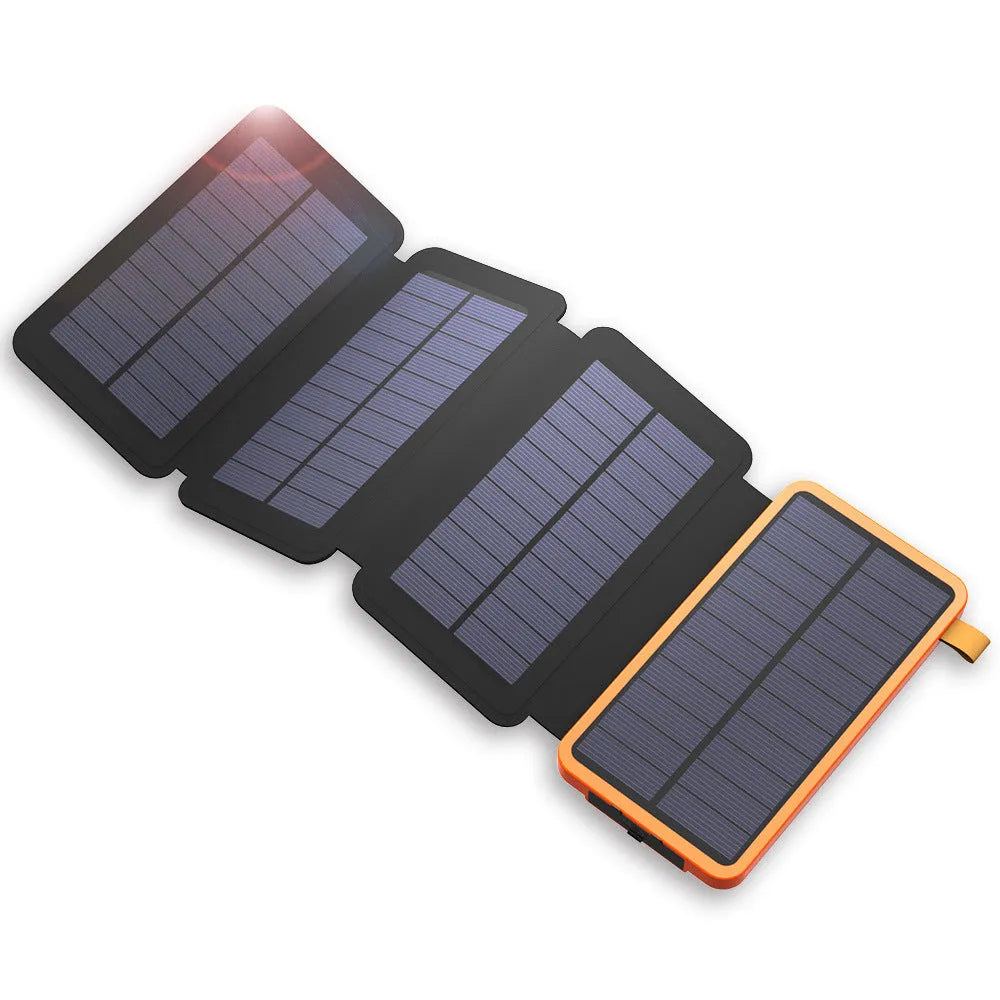 Outdoor rainproof solar phone charger with LED light in black, blue, green, and orange colours.