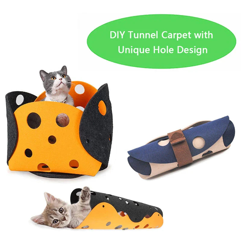 Soft, breathable felt cat tunnel toy with multiple peepholes for interactive play and exploration