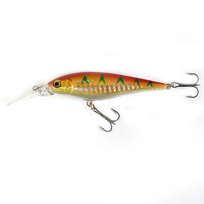 Bionic fishing lure showing 11cm length with detailed colour pattern on ABS plastic body