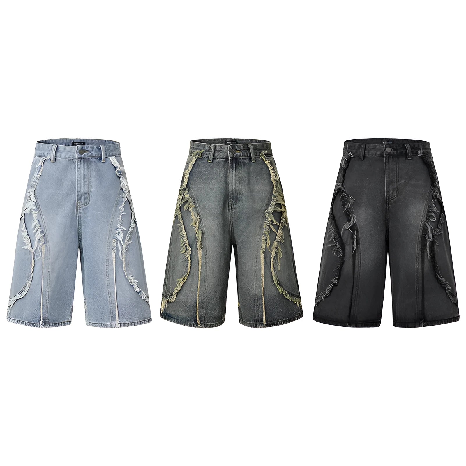 Distressed denim shorts with raw edge detailing in straight leg cropped cut