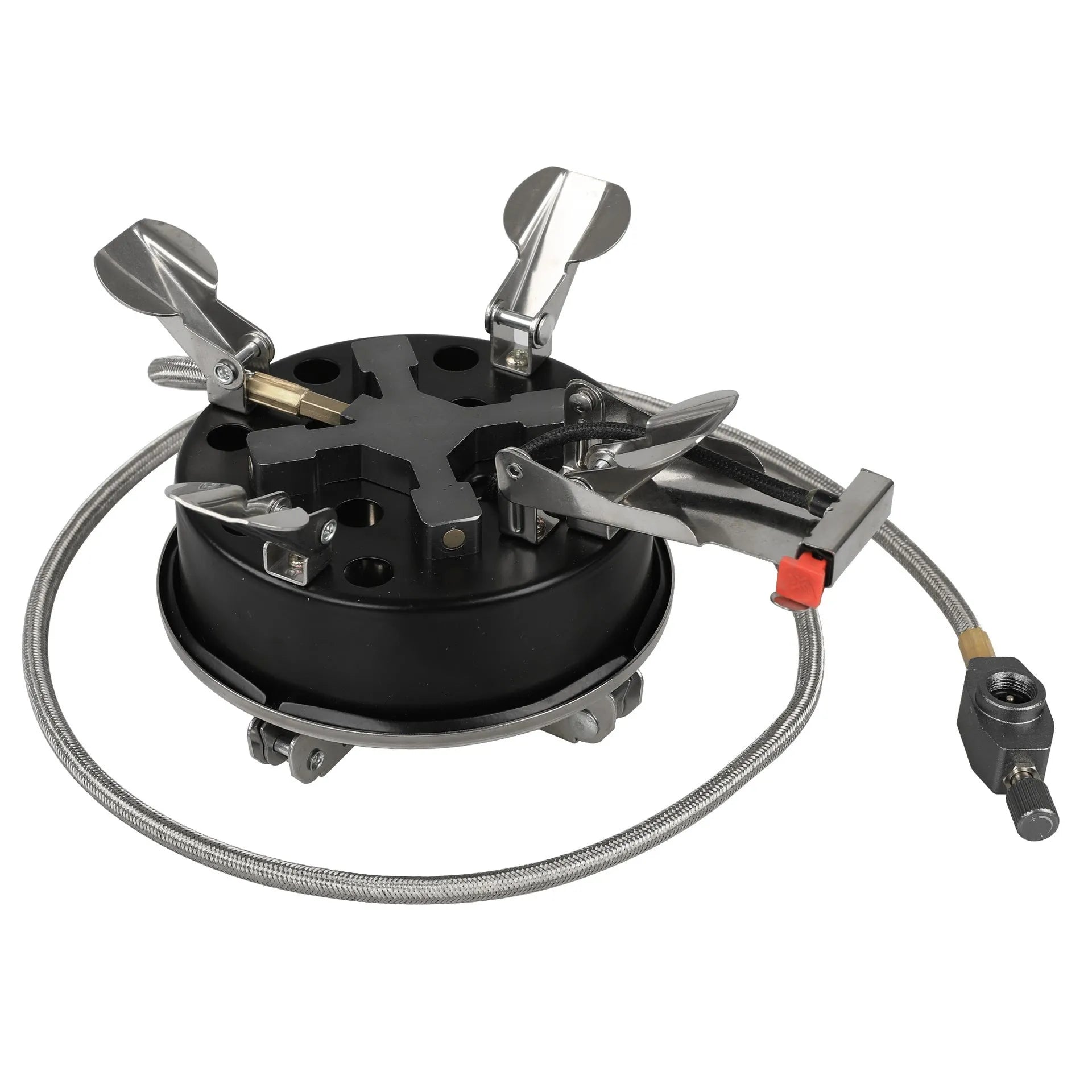 Silver portable split stove for outdoor camping and picnics on a flat surface.