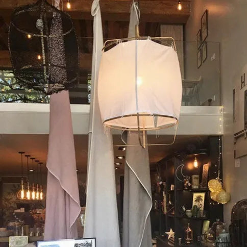 Design Pendant Lamp with 40cm mini shade in beige white gauze, linen and bamboo construction, for restaurant use