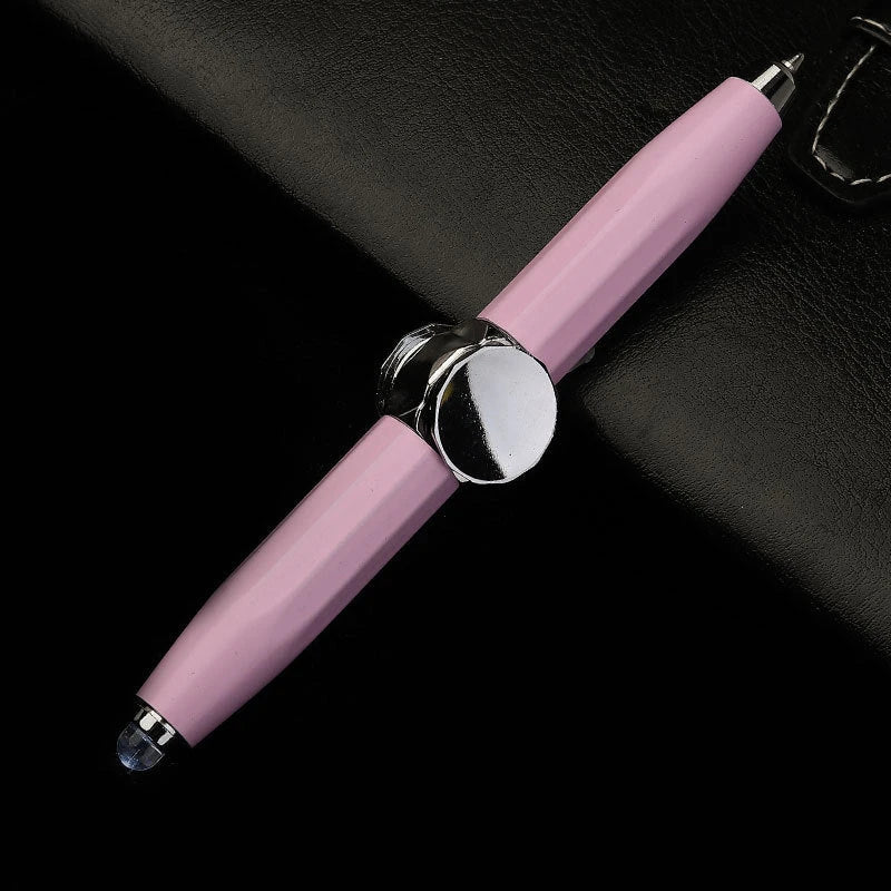 A metal ballpoint pen with a gyro spinner mechanism and LED light, offering a unique spinning and writing experience for office, school, and personal use.