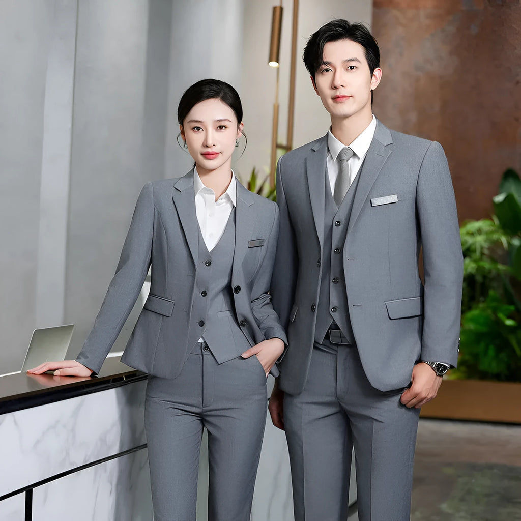 Men's and women's polyester work suit with long-sleeve jacket and trousers or skirt in black colour option
