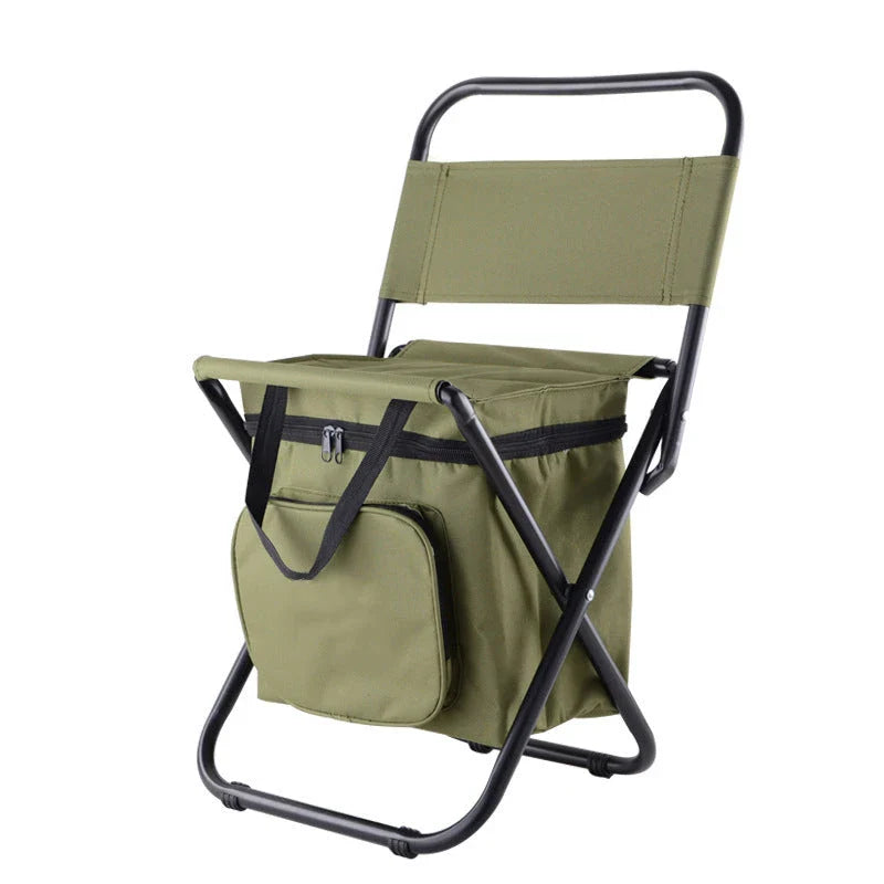 Versatile fishing chair with built-in refrigerator compartment, designed for outdoor comfort and convenience