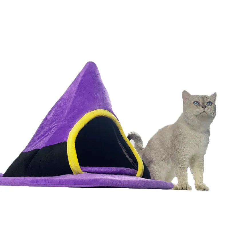 Purple Halloween witch hat shaped cloth cat nest bed measuring 60cm by 45cm