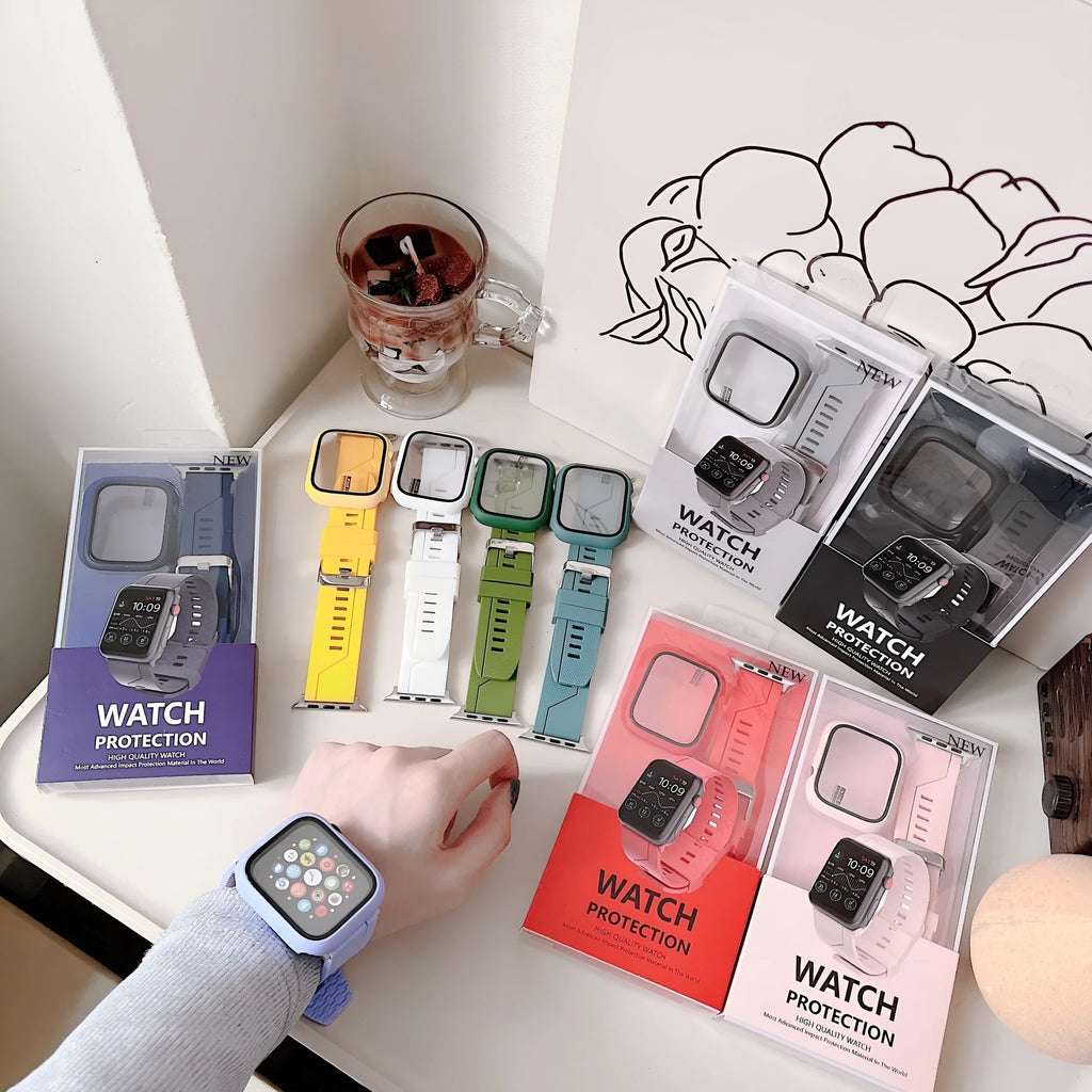 Silicone strap and watch case set in black, white, and blue colours showing flat 22mm interface for iWatch