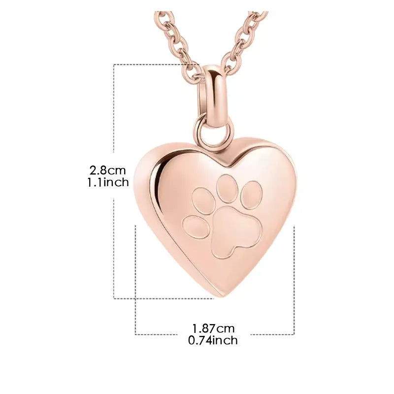 Openable heart-shaped titanium steel cinerary necklace on a chain with a paw print design.