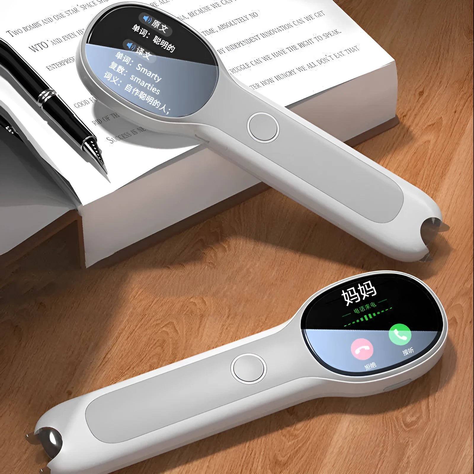White universal reading pen with USB charging cable for English learning and machine translation