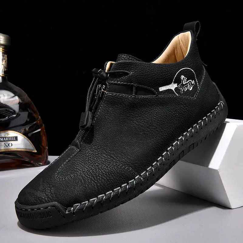 Men's casual leather shoes with pointed toe and mid-heel in black, blue, green, or khaki colours