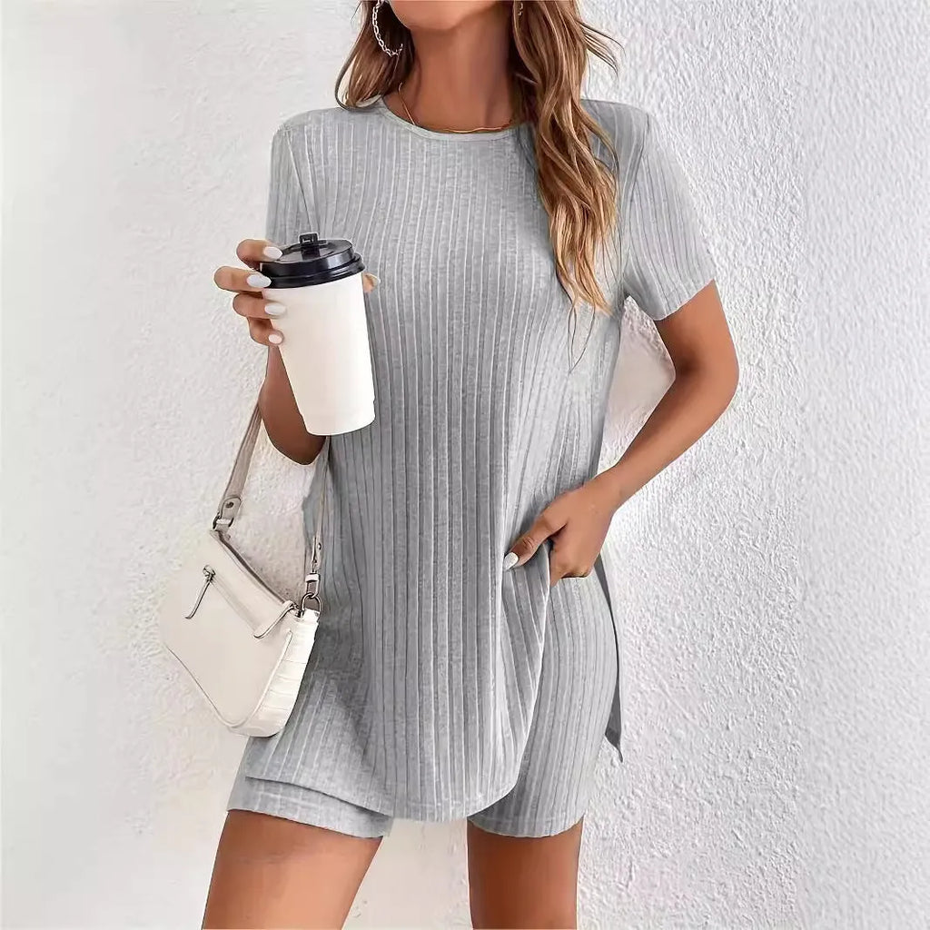 Women's ribbed cotton crew neck short sleeve top and shorts lounge suit set in grey