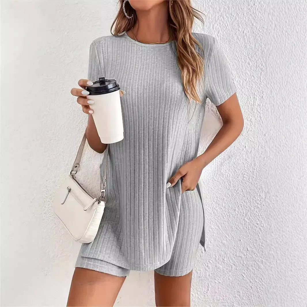 Women's ribbed cotton crew neck short sleeve top and shorts lounge suit set in grey