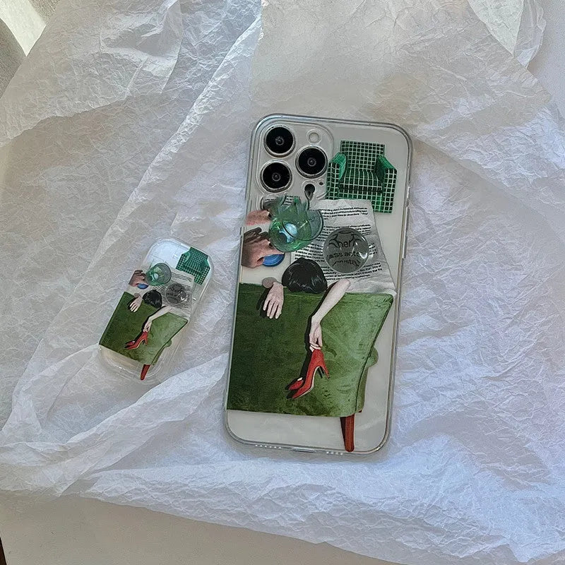 New illustration anti drop silicone phone case for iPhone with push pull bracket option