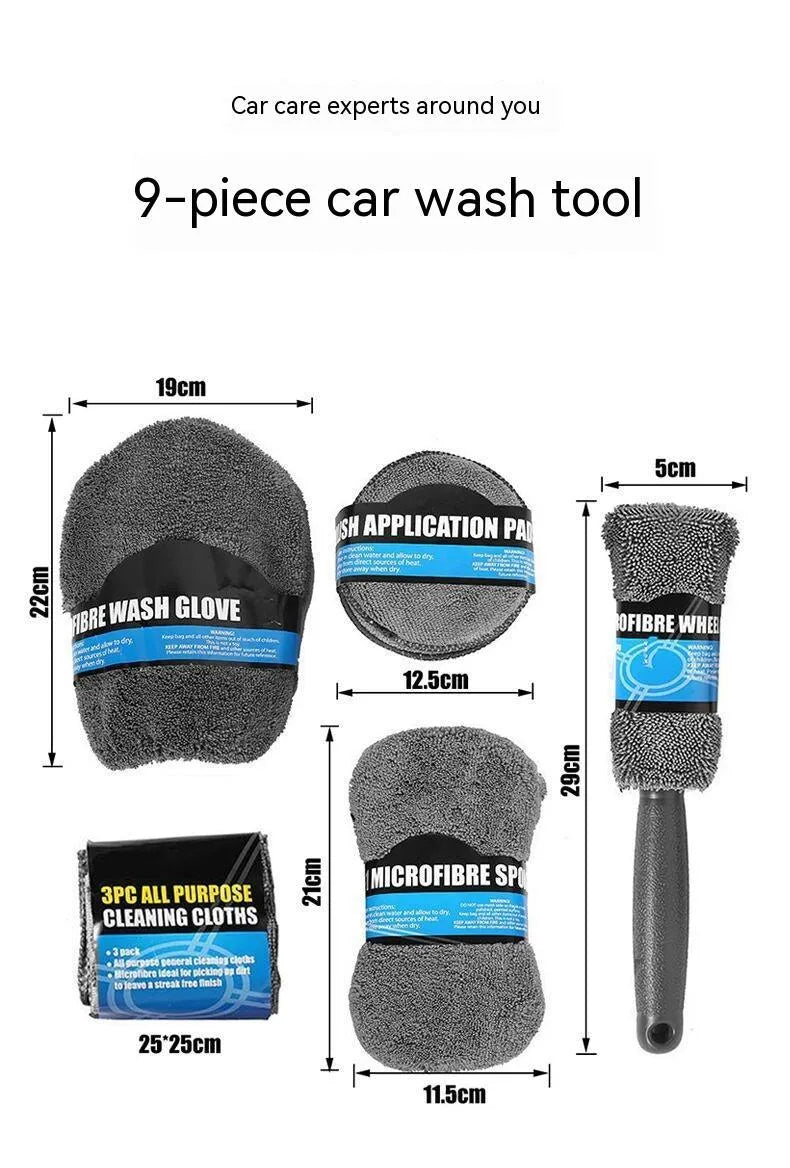 9-piece grey car wash cleaning set with microfiber towels, sponge, tire brush and waxing wipes