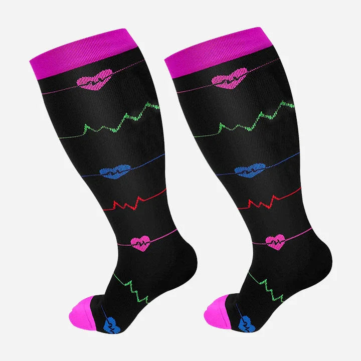 Plus-size compression socks in various stylish patterns for improved leg health and comfort