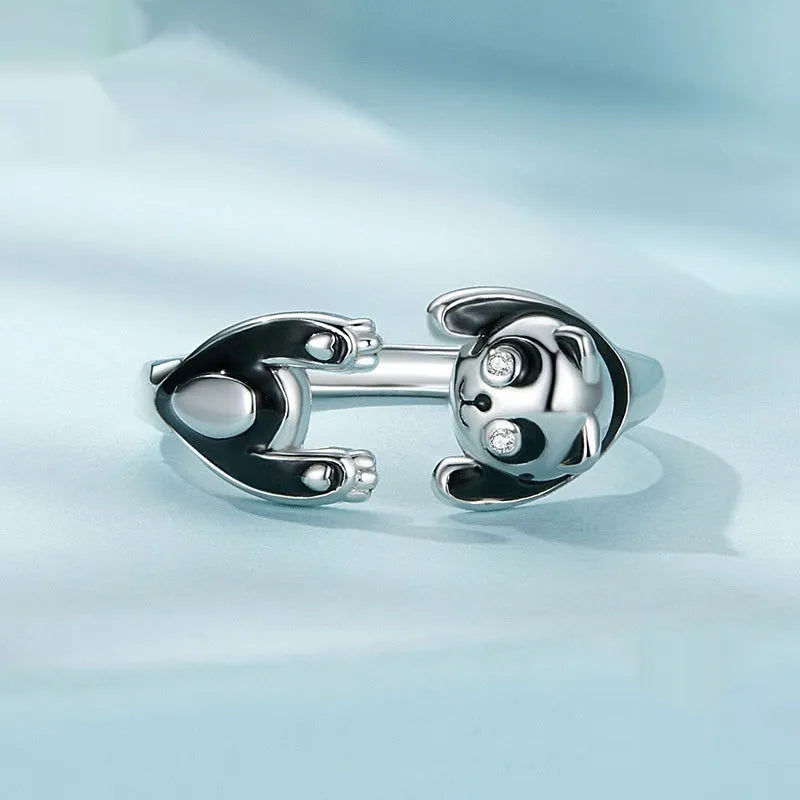 Adjustable panda open ring in sterling silver with white gold plating and SCR969-E colour