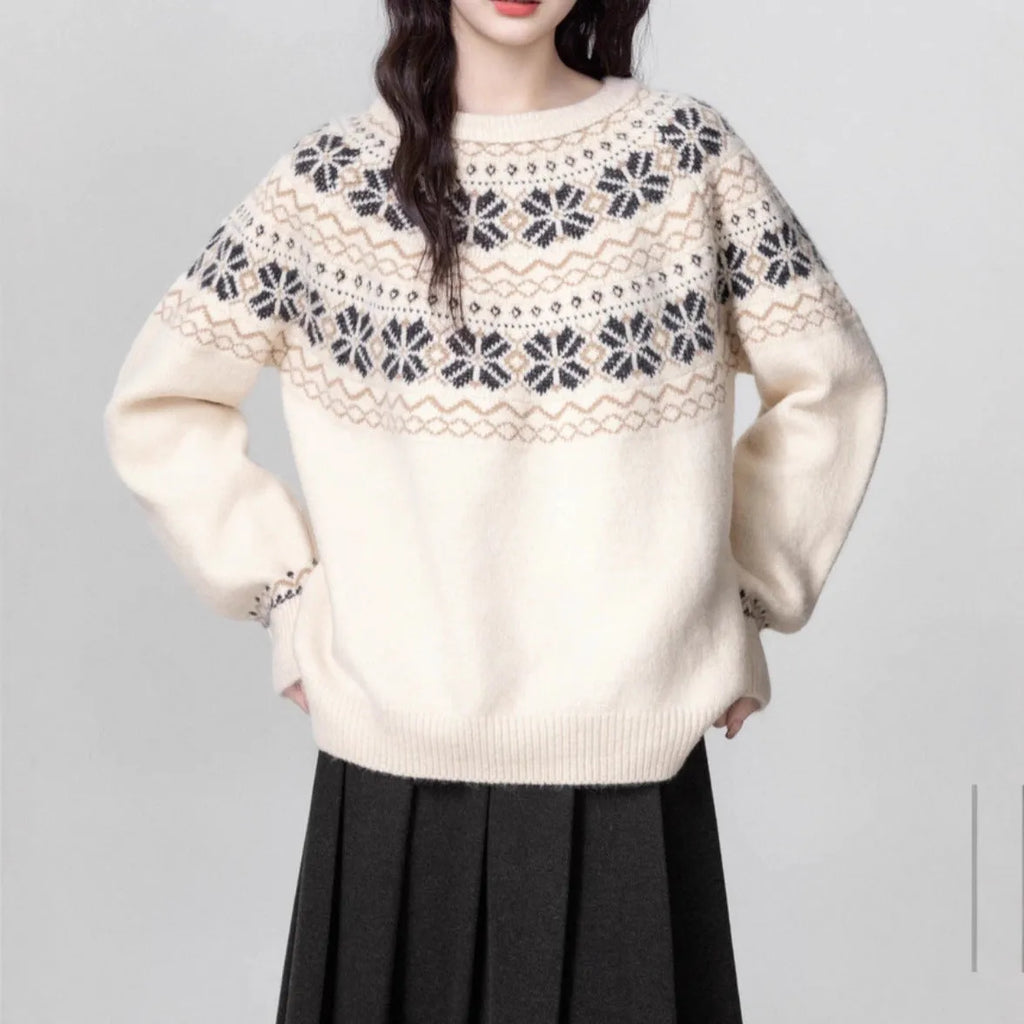 Women's Milky White vintage fair isle pullover sweater with geometric pattern, loose fit, and long sleeves.