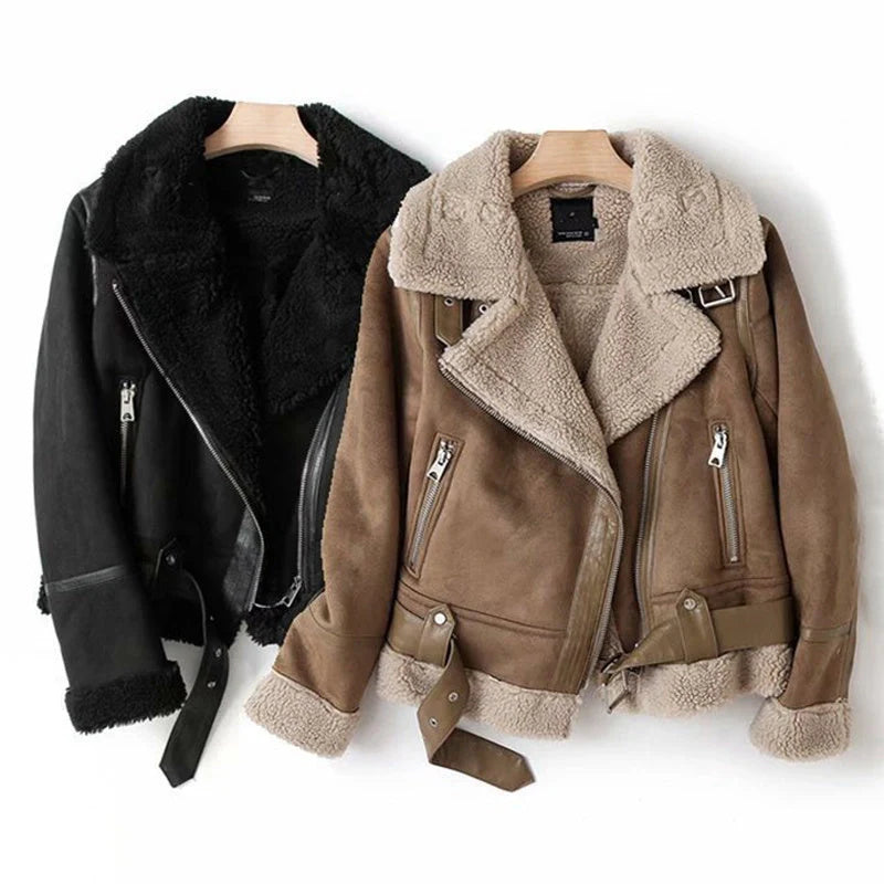 Winter Lapel Jacket in suede and lamb wool for women motorcycle riders