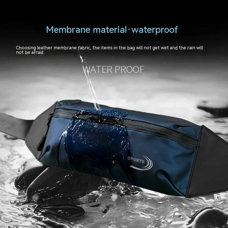 Men's solid-colour waterproof waist bag in Derm Oxford polyester, shown in black, blue, and grey.