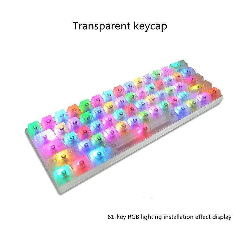Set of 104 transparent PBT keycaps for mechanical keyboards in orange, white, blue, and black colours.